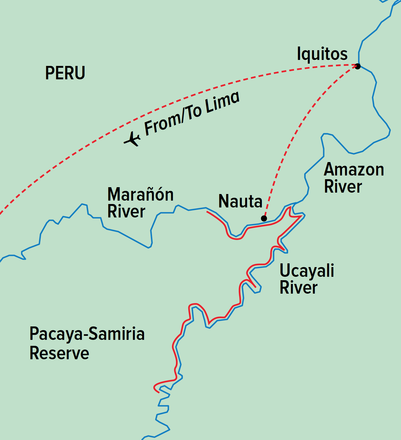 Upper Amazon cruise itinerary map